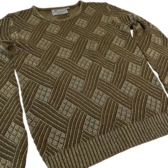 Vintage Joyce Metallic Knit Sweater | Woven Pattern | Sparkly Gold Tinsel Yarn - Picture 1 of 4
